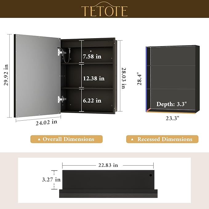 TETOTE 24 x 30 Black Led Lighted Medicine Cabinet Mirror with 3-Color Lights, Wall Mount or Recessed Cabinet Mirror for Bathroom with Storage, Tempered Glass, 2 Outlets, Anti-Fog, Adjustable Shelf