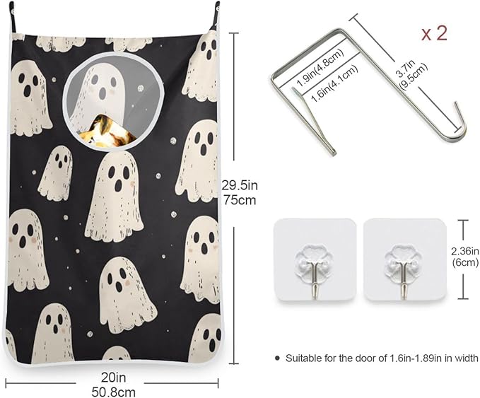 Cute Halloween Ghost Black Hanging Laundry Hamper Door Hampers Bag Basket with Stainless Steel Hooks Oxford Fabric Printing Decorative Clothes Bags 29.5X20inch 1Pack