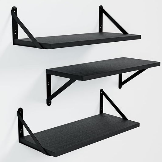 Wall Shelves 7.3" Deep Set of 3, Solid Paulownia Wood Wider Longer Sturdy Easy to Install Wall Mounted Bookshelves Storage Shelves Bathroom Home Office Laundry Room Bedroom Organizer Black