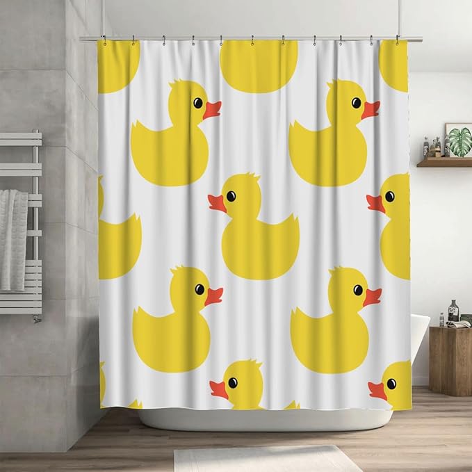 Ansouyi 4Pcs Bathroom Shower Curtain Sets with Non-Slip Rugs, Toilet Lid Cover and Bath Mat, Yellow Cartoon Duck on White Durable Waterproof Shower Curtain for Bathroom Set, 72x72 Inch