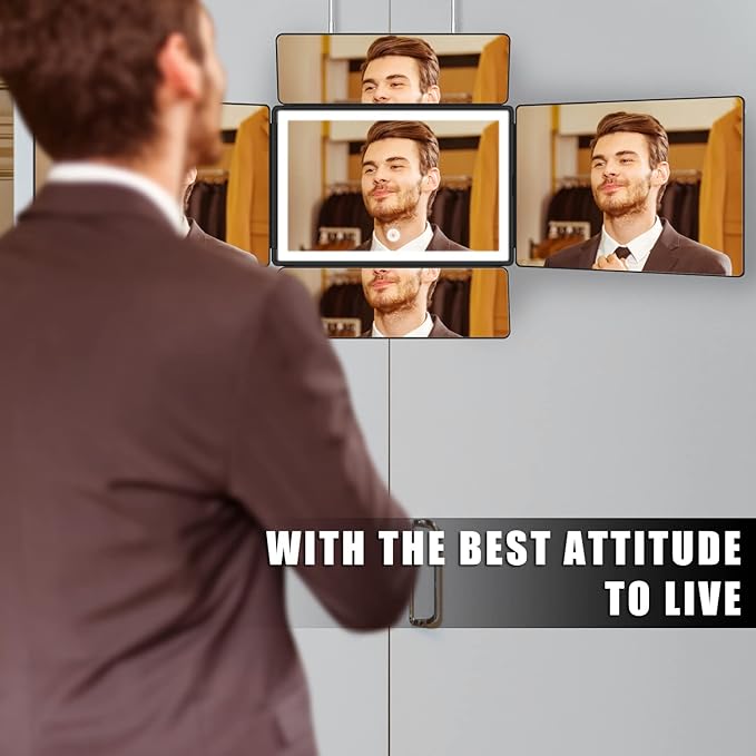 OLIBUY 5 Way Mirror, 360 Mirror for Self Hair Cutting and Brading Hair, Clear Anti-Fog HD Glass, USB Rechargeable, Portable Height Adjustable Telescoping Hooks