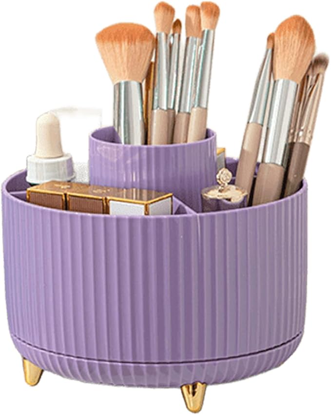 360° Rotating Makeup Brush Organizer with Gold Feet, Partitioned Storage Container, Space-Saving Cosmetic Holder & Pen Holder (Purple)