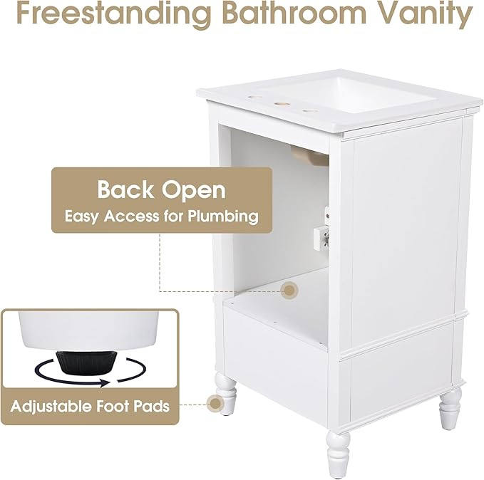 Virubi 20" Small Bathroom Vanity with Sink,Doors and Drawer,Wood Mid-Century Modern Bathroom Sink Cabinets with Adiustable Foot Pads,for Small Space,Freestanding (White)