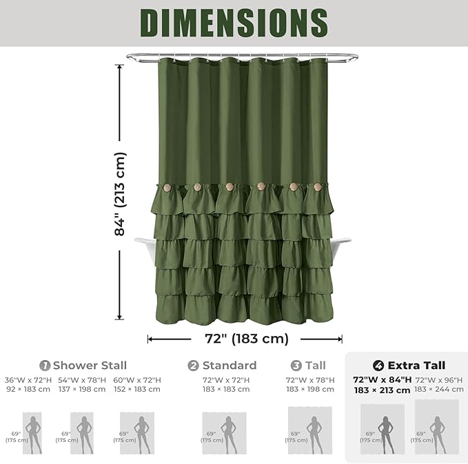 Seasonwood Sage Green Shower Curtain for Bathroom Cute Ruffle Shower Curtain 72 X 84 Inches Farmhouse Shower Curtains with Buttons & Green Ruffles