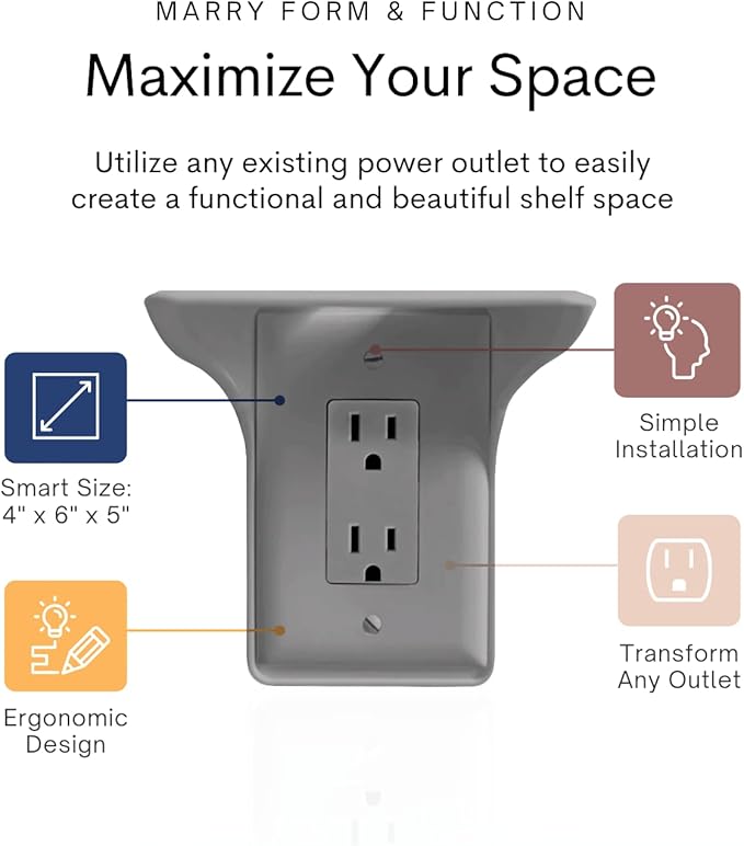 BeraTek Power Perch Wall Outlet Shelf | Declutter & Reclaim Counter Space | Bedroom & Bathroom Organizing Shelves | Alexa Echo Dot Holder, Router Shelf, Holds Electric Toothbrush | Gray, 1-Pack