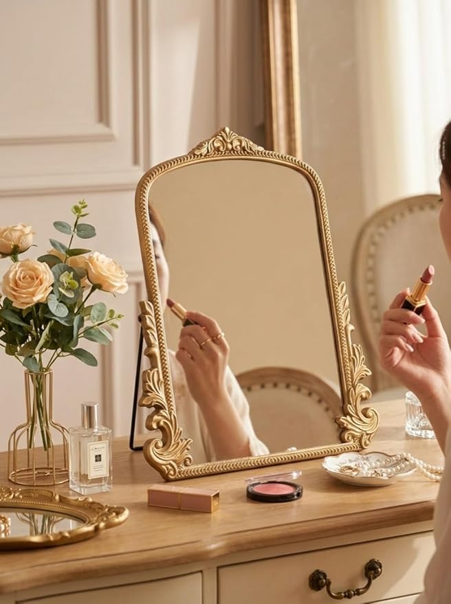 HSDDHOME 16x20 Inch Large Vintage Gold Table Mirror - Antique Wooden Frame Vanity Mirror with Foldable Stand for Makeup, Décor & Gifts