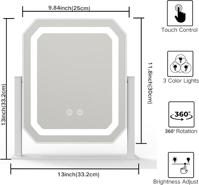 Lighted Makeup Mirror, Hollywood Vanity Mirror with Lights, 3 Color Lighting Modes, Detachable 5X Magnification Mirror, Smart Touch Control, 360°Rotation (12in. White) Title Generator Brand