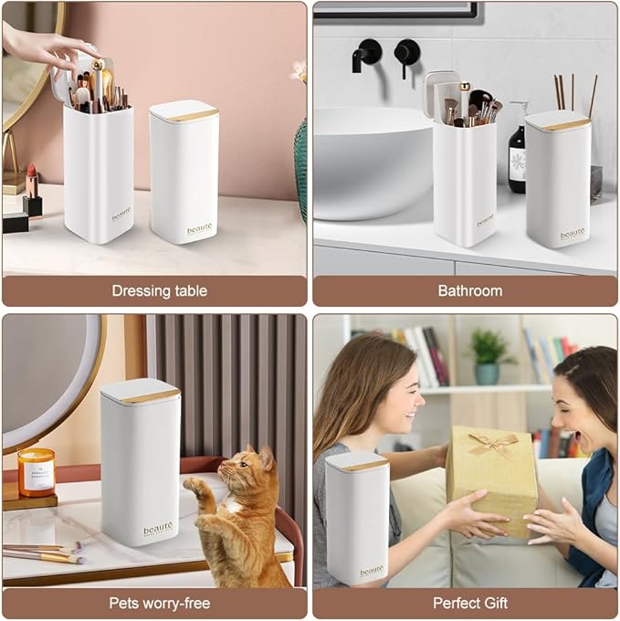 zxbaers Makeup Brush Holder with Lid with 8PCS Makeup Brushes, Dustproof Make Up Organizer, Covered Makeup brush Holder for Vanity Desktop Bathroom Countertop