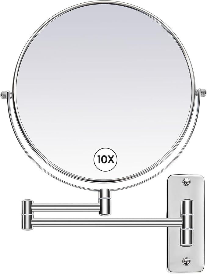 Large Size 9-in Wall Mounted Magnifying Makeup Mirror 1X/10X Magnification,Extendable Bathroom Mirrors Wall Mount Vanity Mirror for Shaving,12-in Folding Arm,Flexible Adjustable,Space-Saving,No Light