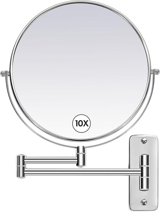 Large Size 9-in Wall Mounted Magnifying Makeup Mirror 1X/10X Magnification,Extendable Bathroom Mirrors Wall Mount Vanity Mirror for Shaving,12-in Folding Arm,Flexible Adjustable,Space-Saving,No Light