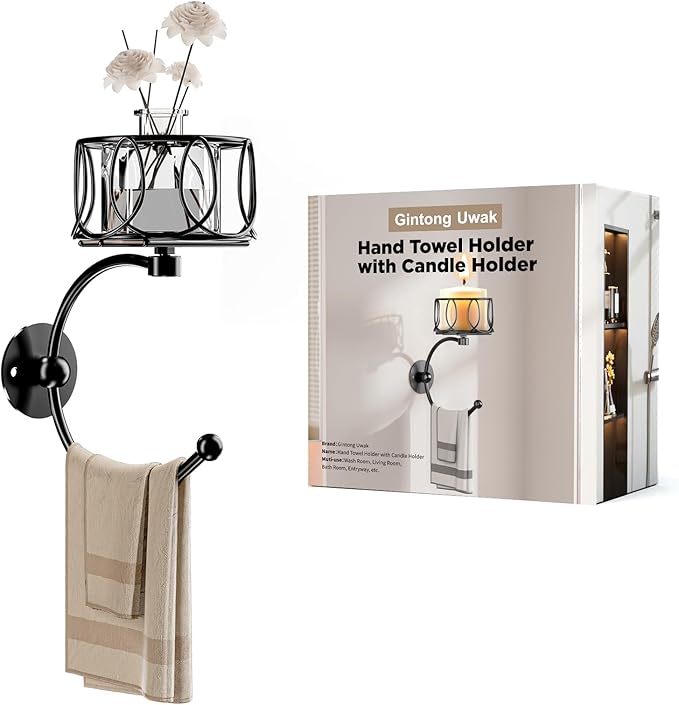 Hand Towel Holder for Bathroom, Towel Hooks for Bathroom with Candle Holder, Wall Mounted Towel Hook for Hanging, Rustic Wall Towel Ring, Towel Racks for Bathroom Decor and Accessories, Black