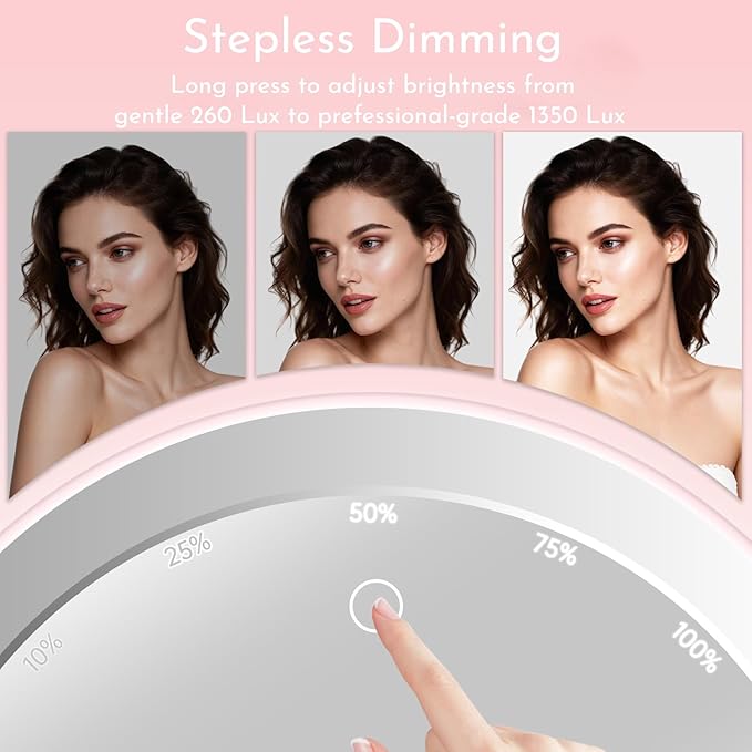 Makeup Mirror with Lights, 4-in-1 Rechargeable Magnetic 360° Rotation Pink Vanity Mirror, 3 Colors & Brightness Adjustable, Detachable, Lighted Makeup Mirror for Desk, Travel