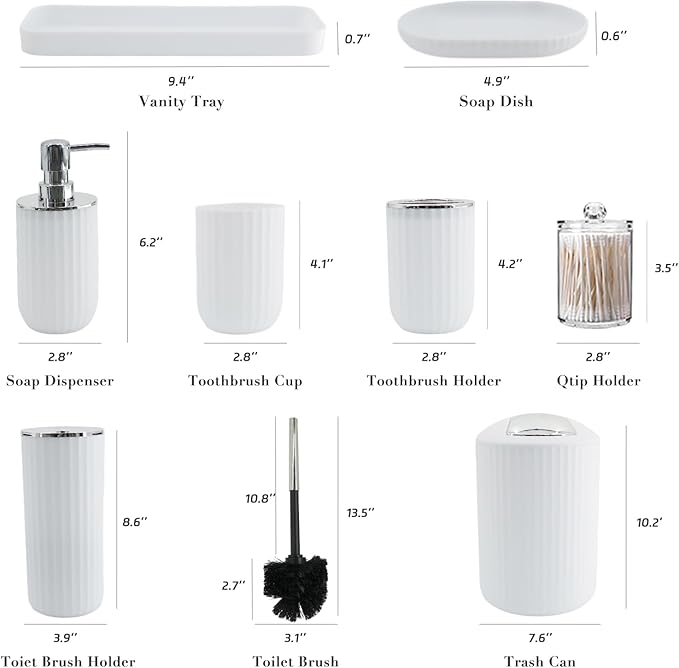 White Bathroom Accessories Set with Shower Curtain, Trash Can, Lotion Soap Dispenser, Soap Dish, Toothbrush Holder, Toothbrush Cup, Toilet Brush Holder and Tray for Bathroom Decor