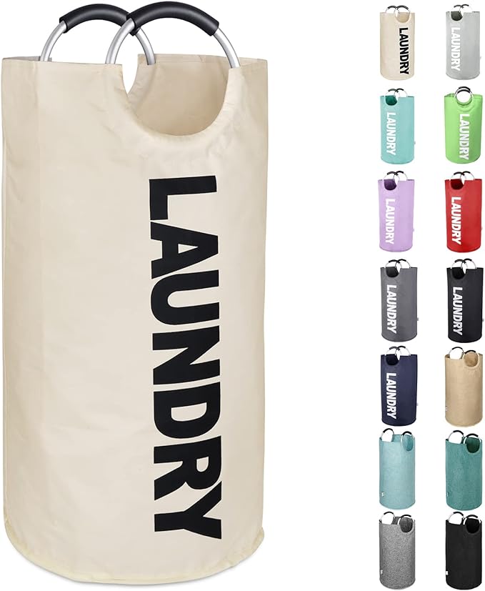 Tall Laundry Hamper Bag Collapsible, Large Laundry Basket with Sturdy Handles, Fabric Dirty Clothes Bin for Laundry, College Dorm, Boys, Man, Durable, Heavy Duty Two-Layer - White