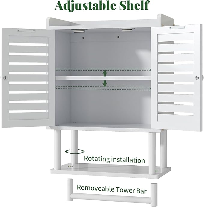 Bathroom Wall Cabinet, Over The Toilet Storage Cabinet with Adjustable Shelves, White Medicine Cabinets with Towel Bar, Bamboo Wall Mounted Hanging Cabinet with 2 Door for Laundry Room, White