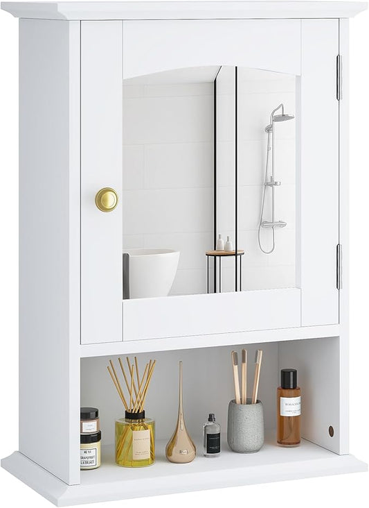VECELO Bathroom Wall Cabinet with Mirror, Small Medicine Cabinets with Door, Wood Adjustable Shelf, 14.7 x 19.8 x 7.1 Inches, White