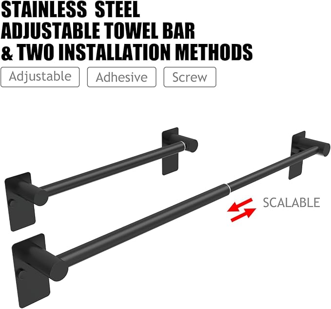 Towel Bar, 14inch to 25inch Adjustable Towel Holder Rod, Self Adhesive Wall Mounted Hand or Body Towel Rack for Bathroom Kitchen, 304 Stainless Steel Organizer Single Bar Matte Black
