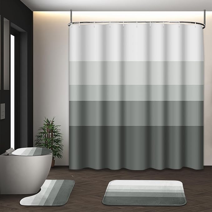 Striped Grey Shower Curtain Set with Toilet Lid Cover and Non-Slip Rugs for Bathroom, Minimalist Neutral Ombre 4 Pcs Shower Curtain, Modern Bathroom Set with 12 Hooks