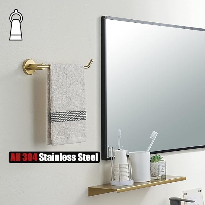 JQK Bathroom Hardware Set, 5-Piece Bath Accessories Set Brass Gold Wall Mount Includes 24 in Towel Bar, 9 in HT Bar, TP Holder, Towel Hook x 2 Brushed Gold, BAS105-BG
