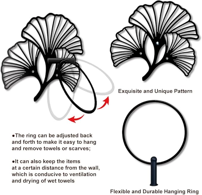 MAYJOYDIY Ginkgo Leaf Metal Towel Ring Plant Leaves Towel Holder for Wall Natural Plant Ginkgo Biloba Black Art Towel Rack Wall Mounted for Bathroom Kitchen Towel Hanger Home Decors Gift