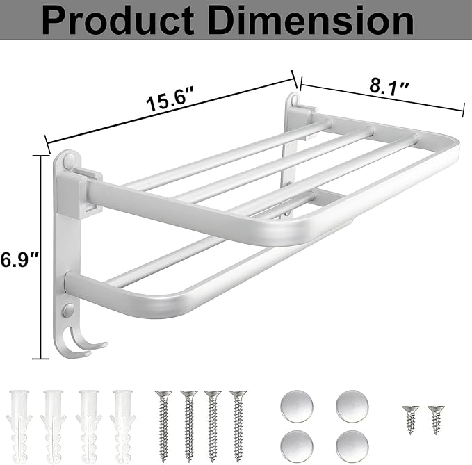 TocTen Towel Rack for Bathroom, Foldable Towel Holder with Double Towel Bars, Wall Mounted Premium Aluminum Bathroom Tower Shelf, Space-Saving Towel Hanger for Bathroom, Lavatory (Silver,16 in)