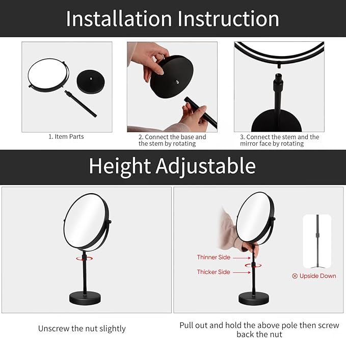 Nicesail Higher Taller Tabletop Makeup Mirror of 8 Inch, 5X Magnified Makeup Mirror Countertop Standing, Height Adjustable, Double Sided Mirror in Matte Black (8 Inch, 5X)…