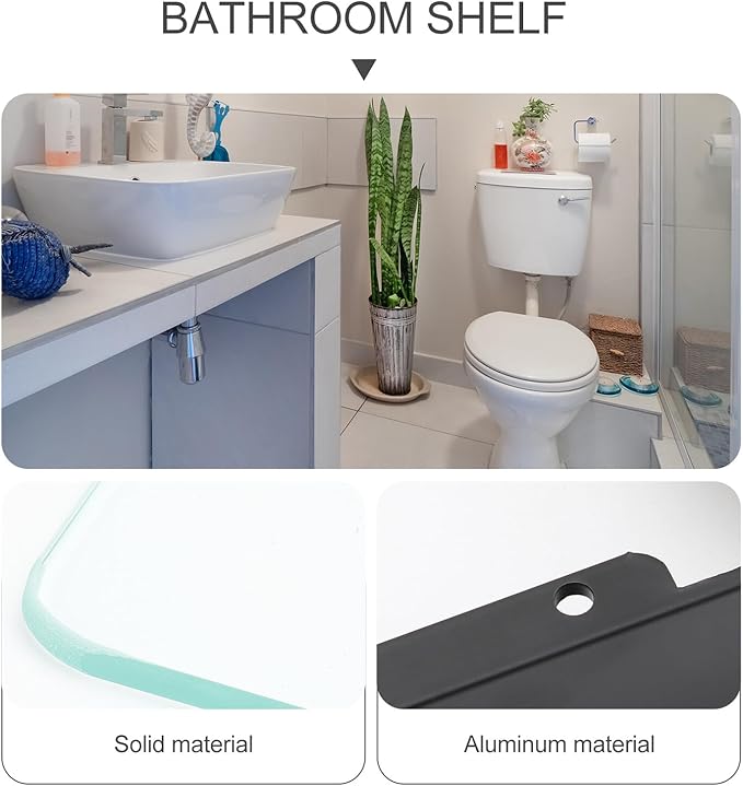 No-Drill Black Bathroom Glass Shelf Bracket Wall Mount Rack Organizer for Shampoo Cosmetics Storage Stylish Floating Corner Shelf for Toiletries Easy Installation Bathroom Wall