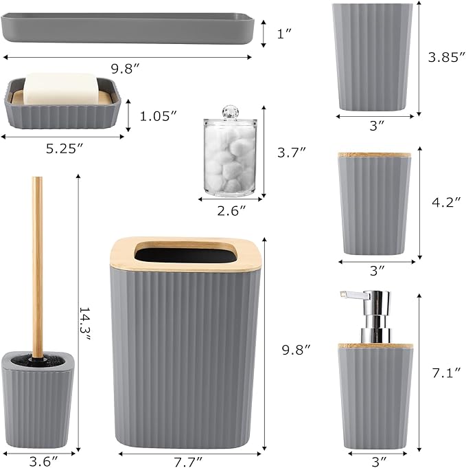 XLHOMO Grey Bathroom Accessories Set, 9 Piece Gray Bathroom Set, Bathroom Accessory Sets Compelete with Trash Can, Toothbrush Holder, Cup, Lotion Dispenser, Tray, Soap Dish, Toilet Brush, Qtip Holders