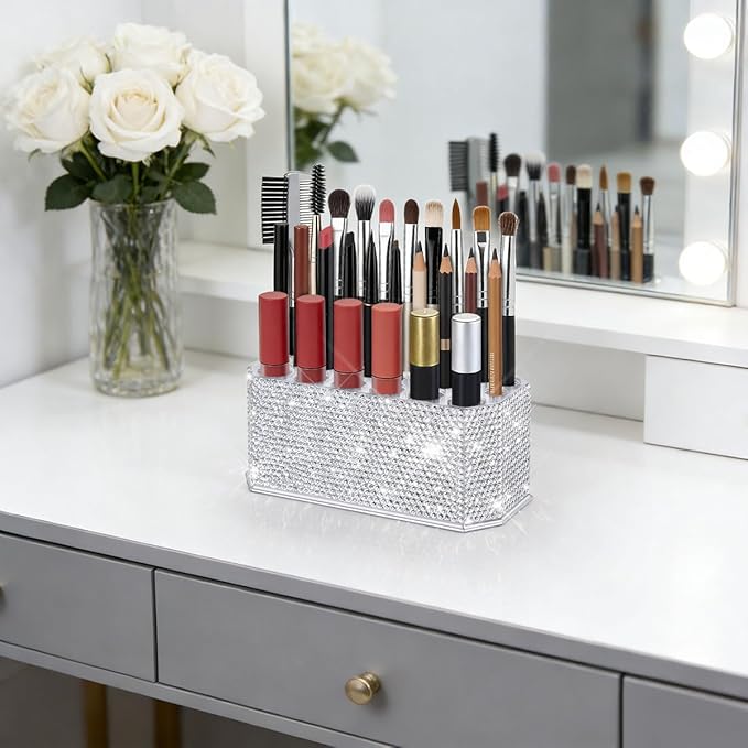 Yivaiks Bling Acrylic Makeup Eyeliner Lip Liner Holder Organizer with Glitter Rhinestone, 26 Spaces