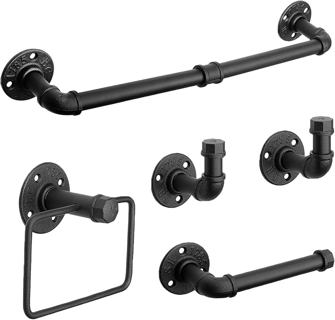 5-Pieces Industrial Pipe Bathroom Accessories Hardware Kit DIY Wall Mounted Includes Towel Bar Robe Hooks Toilet Paper Holder and Towel Ring (Black, 18 Inch)