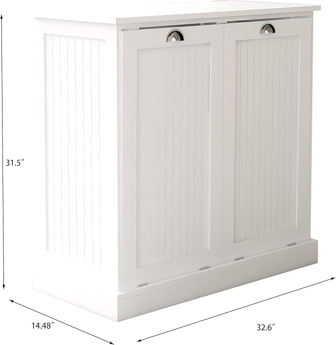 Double Tilt Out Laundry Sorter with Trash Cabinet and Storage - Free Standing, Dog Proof, Recycling, Kitchen Island with Garbage Bin (White)