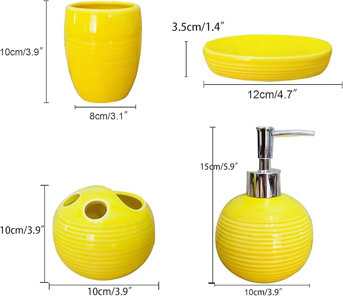 Bathroom Accessories Set 4 Piece Yellow Ceramic Bathroom Decor Accessory Set with Toothbrush Holder,Lotion Dispenser, Soap Dish,Cup