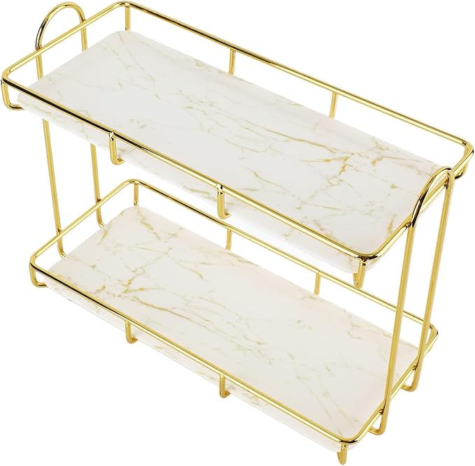 Gold Bathroom Shelf Elegant Gold & White 2 Tier Bathroom Storage Rack - Makeup Shelf with Humanized Design - Anti-Slip Counter Organizer - Sturdy Iron Construction for (Small Size)
