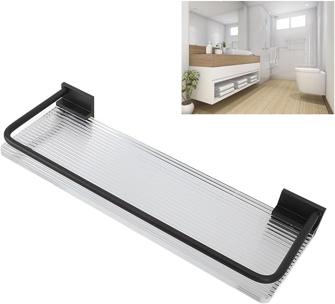 Floating Bathroom Shelves Wall Mounted, Modern Bathroom Organizer with Metal Rail for Decor, Bathroom Organizers and Storage, Over Toilet Shelves for Toilet Paper (Black)