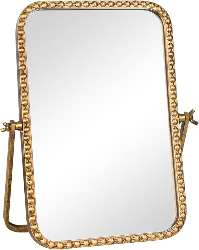 Vintage Desk Makeup Mirror, 12" L x 7.9" W Antique Gold Vanity Table Mirror, Metal Framed Rectangular Small Standing Mirrors with Beaded, 360 Adjustable Rotation for Tabletop, Bedroom