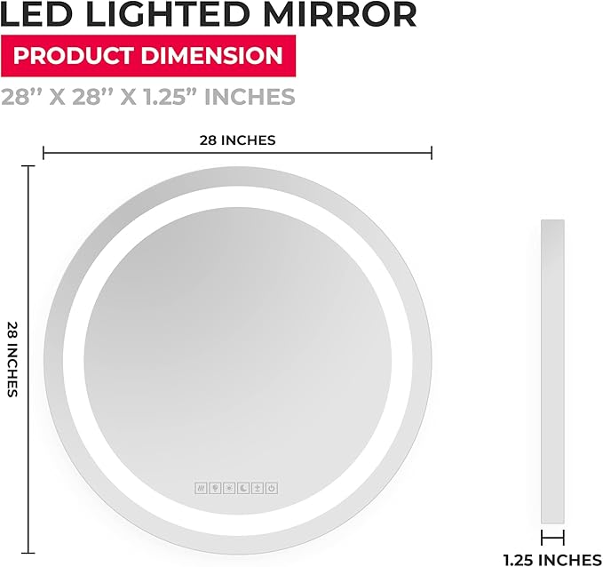 28 Inch Round LED Bathroom Mirror with 3 Color Modes, Touch Dimmer, Anti-Fog - Wall Mount Lighted Vanity Mirror for Makeup, Dressing Room - Fab Glass and Mirror