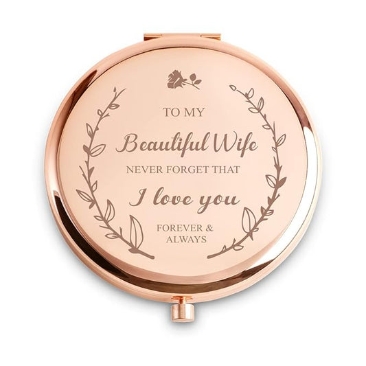 Personalized Gifts for Wife, Custom Wife Gifts for Birthday Anniversary, Engraved Wives Compact Mirror for Her, Mothers Day Basket Stuffers