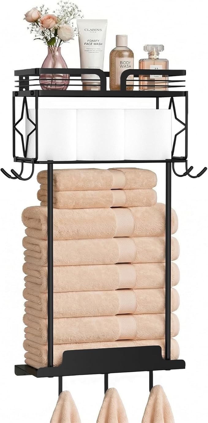 Towel Racks for Bathroom 23.8 Inch Wall Mounted Towel Rack with Shelf, Small Bathroom Towel Storage Holds 3–6 Large Rolled Towels, Metal Wall Towel Rack, Black