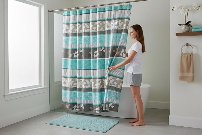 Serafina Home Hotel Quality Fabric Bathroom Shower Curtain: Striped Floral - Teal, Blue, Brown, Beige and White (72 x 70 inches)