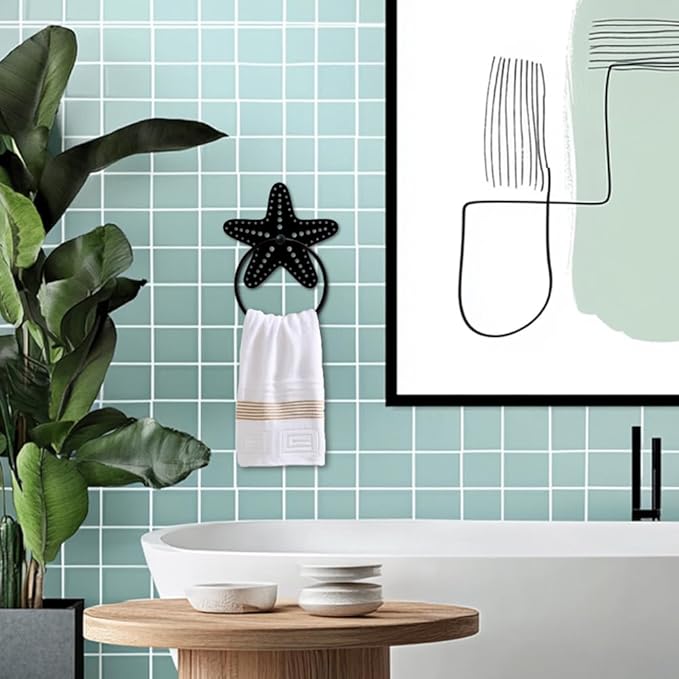 MAYJOYDIY Starfish Metal Towel Ring Summer Ocean Theme Towel Holder Polka Dot Starfish Wall Decor Towel Hanger Black Art Towel Rack Wall Mounted for Bathroom Kitchen Home Decors Gift
