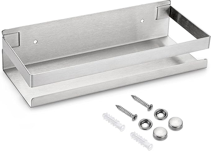 OwnMy 10 Inch Bathroom Shower Shelf Stainless Steel Bath Kitchen Basket Shower Caddy Rack, Rust Proof Metal Bathroom Storage Floating Shelves Wall Mounted Shower Corner Rectangular Shelf (Silver)