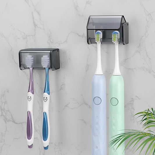 PARKMANI 2 PCS Toothbrush Holders Wall Mounted with Cover, Electric Tooth Brushing Holder for Bathroom, 2 Slots Self Adhesive Toothbrush Organizer for Family, Kids (2, Transparent Black)