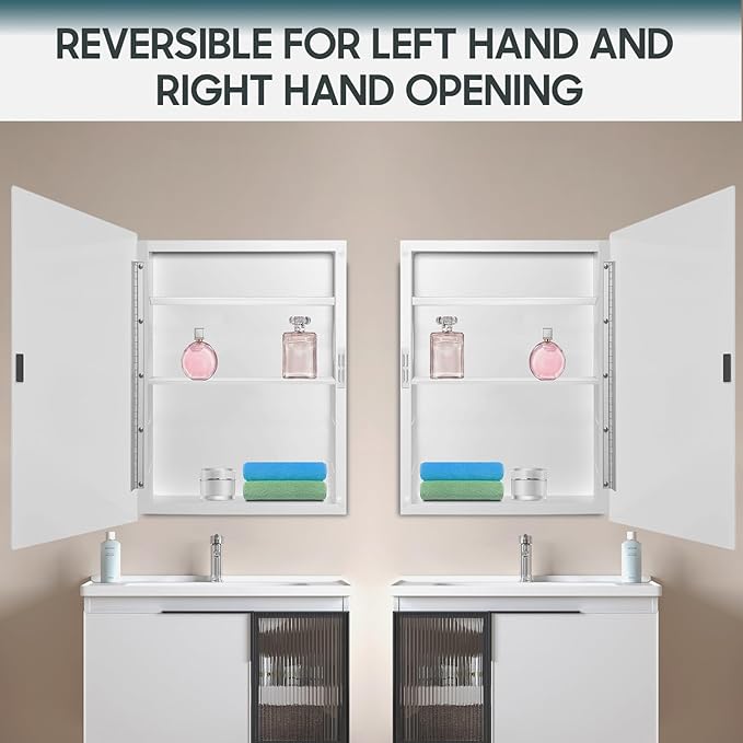 16x22 inch Plastic Medicine Cabinet with Mirror, Recessed Medicine Cabinet or Surface Wall Mount Bathroom Cabinets with Adjustable Shelves, Beveled Edge Mirror Cabinet