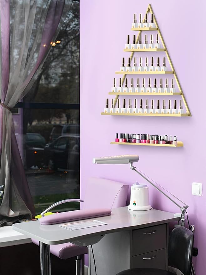 Lorvain Metal Wall-mounted Nail Polish Storage Racks 5 Tiers Gold Triangular Display Rack Cosmetic Display Cases Lipstick Perfume Wall Shelf Essential Oil Organizers for Home Spa Nail Salon Shop