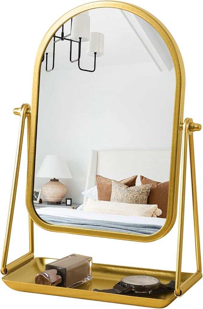 Desk Table Mirror Arch Makeup Vanity Mirror 360°Adjustable Rotation Golden Metal Framed Standing Mirrors with Tray Desktop Cosmetic Mirror for Living Room,Bedroom,Tabletop,Bathroom