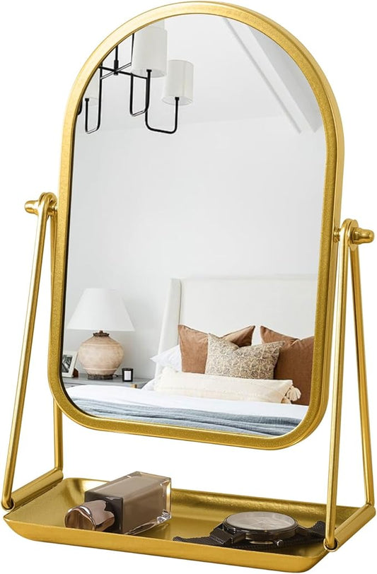 Desk Table Mirror Arch Makeup Vanity Mirror 360°Adjustable Rotation Golden Metal Framed Standing Mirrors with Tray Desktop Cosmetic Mirror for Living Room,Bedroom,Tabletop,Bathroom
