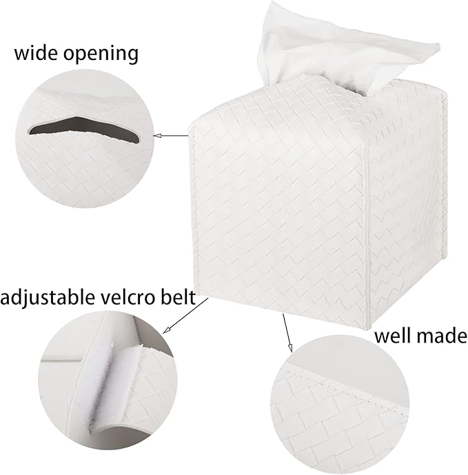 Tissue Box Cover PU Leather Tissue Holder Square Facial Tissue Case Facial Paper Organizer Dispenser for Bathroom, Vanity Countertop, Tabletop, Car, White