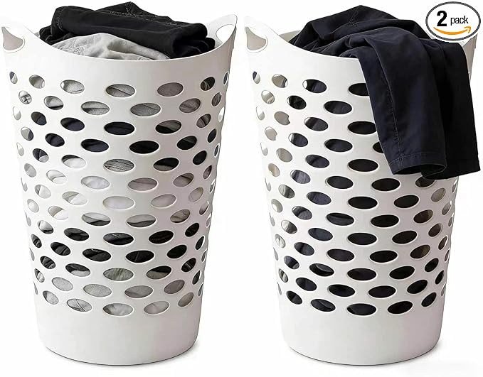 2-Pack 2.2 Bushel Flexible Laundry Basket, Lightweight and Easy to Clean，Tall Plastic Hamper for Clothes，Bedroom and Storage - Plastic Laundry Basket with Handles，White