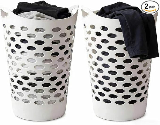 2-Pack 2.2 Bushel Flexible Laundry Basket, Lightweight and Easy to Clean，Tall Plastic Hamper for Clothes，Bedroom and Storage - Plastic Laundry Basket with Handles，White