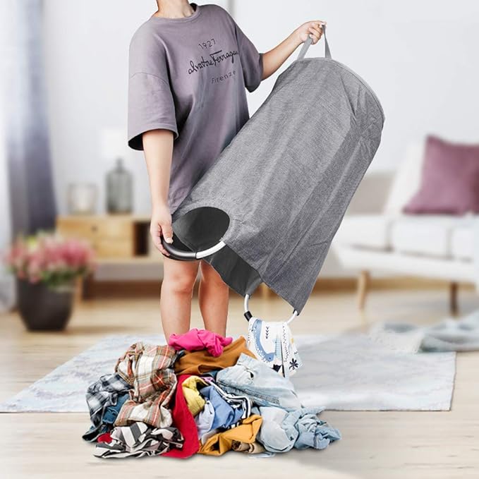 Large Laundry Hamper Bag Collapsible, Tall Laundry Basket with Sturdy Handles, Fabric Dirty Clothes Bin for Laundry, College Dorm, Boys, Man, Durable Heavy Duty Two-Layer ?€? 90L Grey